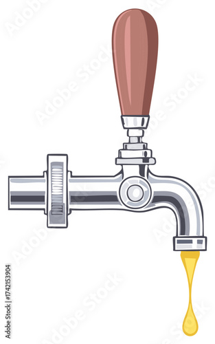 Stylized beer tap illustration with gold liquid dripping from the dispenser.