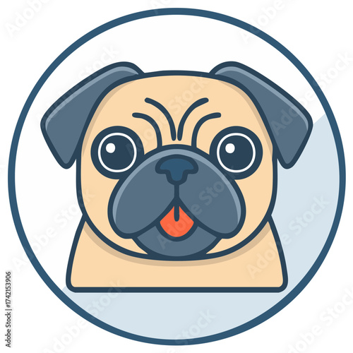Cute Pug Dog Cartoon Character Head Illustration in Circle Badge Design