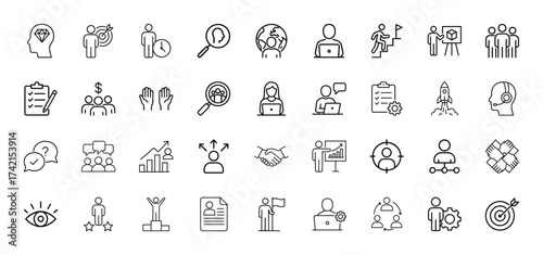 Business management and human resources line icon set. Vector pictograms of talent, goals, teamwork, communication, charts, success, rocket, stairs, and global reach, thin linear illustration.