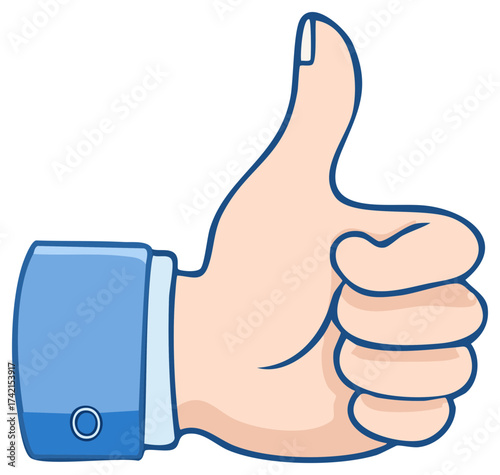 Cartoon business hand with blue shirt sleeve showing a thumbs up gesture