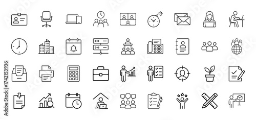 Business line icon set. Vector pictograms of ID card, office chair, laptop, team, email, building, calendar, server, briefcase, chart, and home office, thin linear illustration.