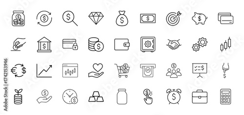 Finance line icon set. Vector pictograms of money jar, bag, banknote, cards, bank, wallet, safe, handshake, charts, shopping cart, ATM, and calculator, thin linear illustration.