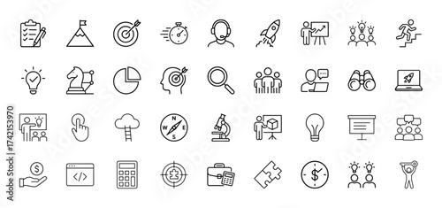 Business line icon set. Vector pictograms of clipboard, target, rocket, presentation, brainstorming, strategy, analysis, teamwork, ideas, progress, thin linear illustration.