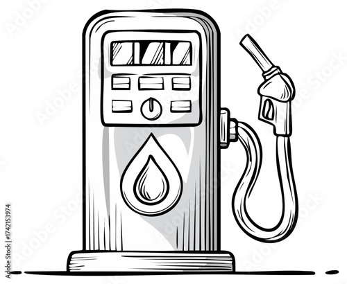 Sketch of a vintage gas pump with fuel nozzle and gas droplet icon