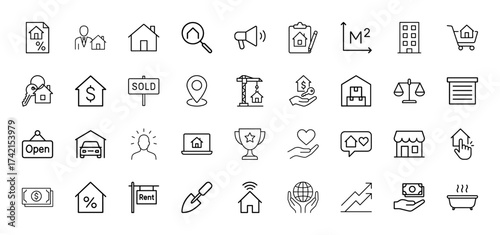 Real estate line icon set. Vector pictograms of house, keys, money, search, construction, apartment, sale, rent, mortgage, location, property, and building services, thin linear illustration.