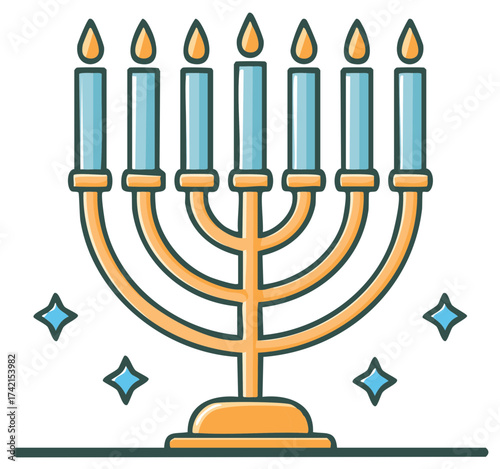 Golden seven branch menorah with burning candles, a symbol of tradition and light