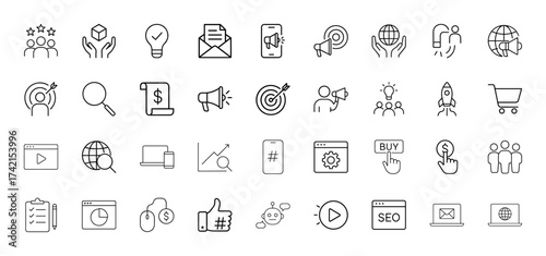 Digital marketing line icon set. Vector pictograms of team, ideas, email, mobile, promotion, strategy, search, finance, growth, shopping, analytics, social, SEO, thin linear illustration.