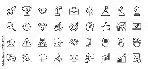 Business strategy line icon set. Vector pictograms of rocket, trophy, handshake, target, lightbulb, growth, scales, and achievement, thin linear illustration.