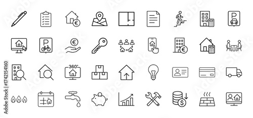 Real estate line icon set. Vector pictograms of house, building, key, map, document, calculator, boxes, calendar, faucet, bar chart, thin linear illustration.