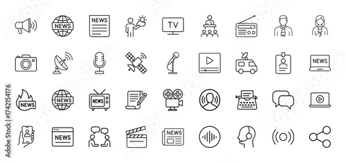 Media and news line icon set. Vector pictograms of megaphone, globe, newspaper, television, microphone, reporter, satellite, radio, and laptop, thin linear illustration.