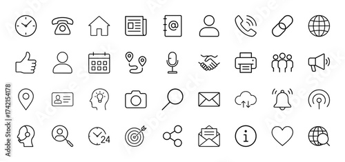 Communication line icon set. Vector pictograms of clock, telephone, user, calendar, map pins, microphone, printer, megaphone, mail, cloud, and target, thin linear illustration.