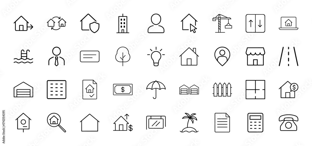 Obraz premium Real estate line icon set. Vector pictograms of houses, building, crane, pool, agent, contract, money, umbrella, and garage, thin linear illustration.