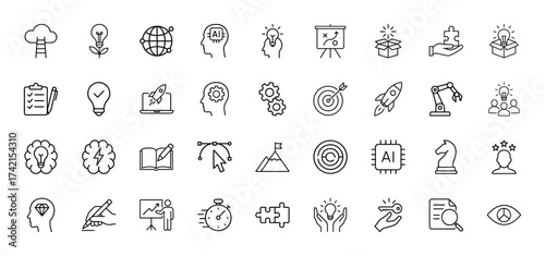 Innovation and strategic planning line icon set. Vector pictograms of lightbulbs, brains, gears, rockets, targets, puzzles, and AI, thin linear illustration.