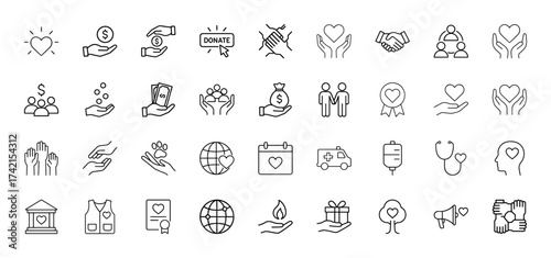 Charity and donation line icon set. Vector pictograms of hands, heart, money, community, globe, ambulance, and gift, thin linear illustration.
