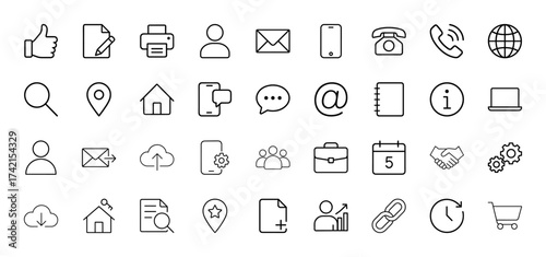 Business and communication line icon set. Vector pictograms of mail, phone, cloud, user, search, home, document, and chat symbols, thin linear illustration.