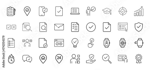 Business verification line icon set. Vector pictograms of clipboard, document, smartphone, shield, location pin, lightbulb, smartwatch, and growth chart, thin linear illustration.