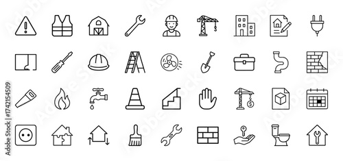 Construction and renovation line icon set. Vector pictograms of safety vest, worker, crane, house, blueprint, tools, ladder, and faucet, thin linear illustration.