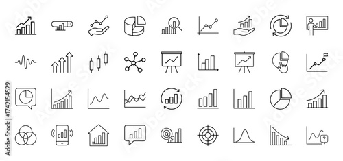 Business and data analytics line icon set. Vector pictograms of bar charts, line graphs, pie charts, presentation boards, and statistical elements, thin linear illustration.