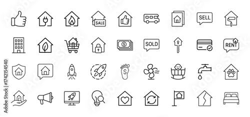 Real estate line icon set. Vector pictograms of houses, apartments, keys, money, sale, rent, security, family, energy, and renovation, thin linear illustration.