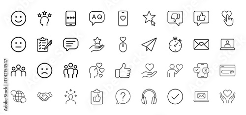 User feedback and social media line icon set. Vector pictograms of faces, ratings, chat, mobile, laptop, hearts, thumbs, handshake, global, thin linear illustration.