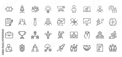 Business line icon set. Vector pictograms of puzzle, rocket, lightbulb, clipboard, tie, handshake, chart, trophy, briefcase, brain, people, document, thin linear illustration.