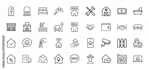Real estate line icon set. Vector pictograms of homes, keys, sold and sell signs, tools, security camera, furniture, pool, and finances, thin linear illustration.