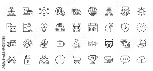 Business line icon set. Vector pictograms of retail stores, money, documents, network, process, marketing, strategy, and e-commerce concepts, thin linear illustration.