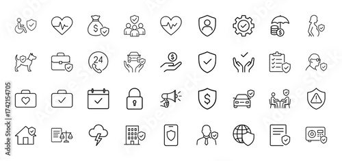 Insurance line icon set. Vector pictograms of financial bag, heartbeat, protected people, car, home, document, umbrella, pet, padlock, safe, thin linear illustration.