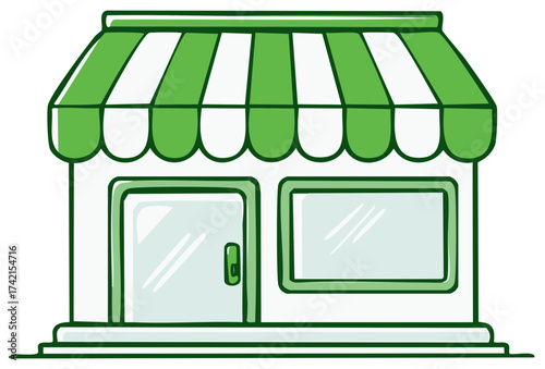 Cute cartoon shop with green striped awning, door and window, commercial building front