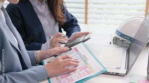 Expert woman asian people discuss review data number costing managerial account prepare monthly actual cost variance report income tax at audit office. ESG budget control ERP process service project.