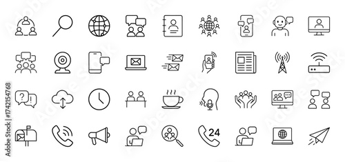 Communication and networking line icon set. Vector pictograms of people, globe, speech bubbles, smartphone, laptop, newspaper, cloud, megaphone, 24/7 support, and phone, thin linear illustration.
