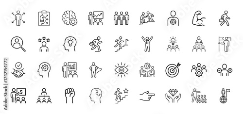 Business success and personal development line icon set. Vector pictograms of strategy, teamwork, leadership, growth, innovation, achievement, goals, and problem-solving, thin linear illustration.