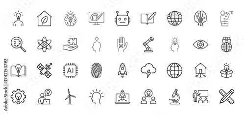 Science and technology line icon set. Vector pictograms of lightbulb, robot, brain, globe, atom, rocket, chip, microscope, windmill, satellite, puzzle, smart home, thin linear illustration.