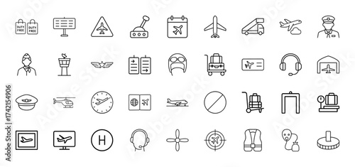 Aviation line icon set. Vector pictograms of airplanes, pilots, airport elements, luggage, passports, boarding passes, helicopters, and navigation tools, thin linear illustration.