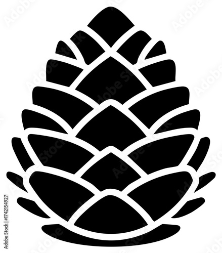 Simple black pine cone silhouette icon. Stylized winter forest and nature symbol graphic design element.