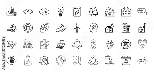 Environment line icon set. Vector pictograms of factory, electric car, CO2 cloud, solar panel, wind turbine, recycling, burning earth, and green city, thin linear illustration.