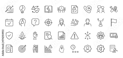 Business management line icon set. Vector pictograms of analysis, innovation, security, support, communication, planning, strategy, finance, risk, and compliance, thin linear illustration.
