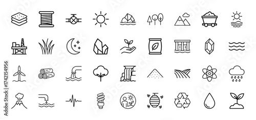 Environment line icon set. Vector pictograms of sun, trees, mountains, oil rig, wind turbine, waterfall, recycle symbol, sprout, atom, water drop, thin linear illustration.