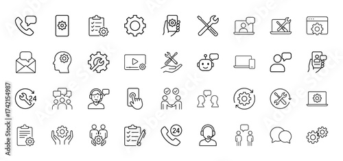 Customer service line icon set. Vector pictograms of phone, chat, settings, tools, agent, robot, and 24/7 support, thin linear illustration.