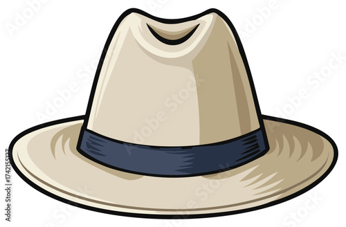 Cartoon Illustration of a Fedora Hat with a Band, Classic and Decorative Headwear