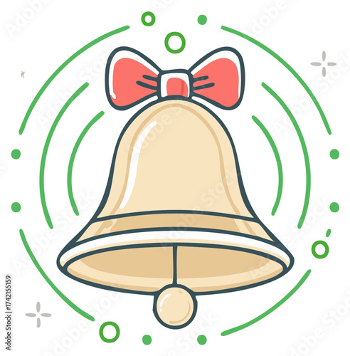 Ringing bell with red bow cartoon illustration for holiday celebration or notification icon