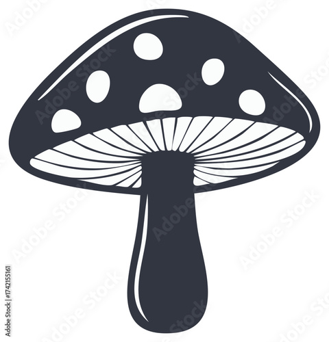 Stylized Dark Mushroom with White Spots and Gills Graphic
