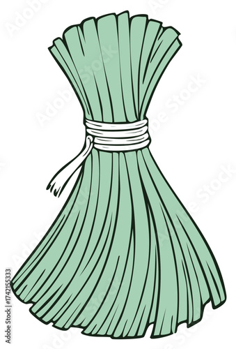 Illustration of a sheaf of wheat, bound with white rope and ribbons.