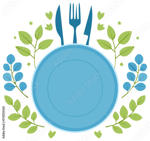 Empty blue plate flanked by flatware and foliage, representing freshness, nourishment, and a plant-based diet concept