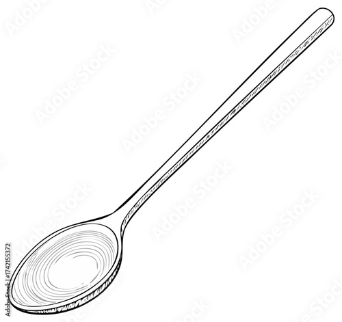 Hand drawn kitchen spoon with long handle and oval bowl illustration
