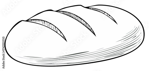 Ink drawing of a fresh loaf of bread with scoring lines.