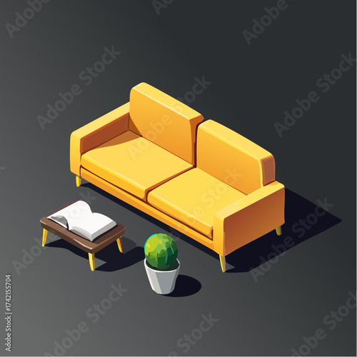 Modern yellow sofa with a small table and potted plant in a minimalist setting