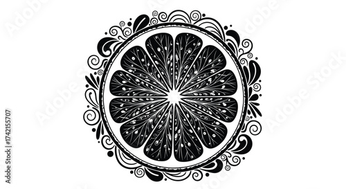 A stylized black and white illustration of a citrus fruit slice with decorative flourishes.