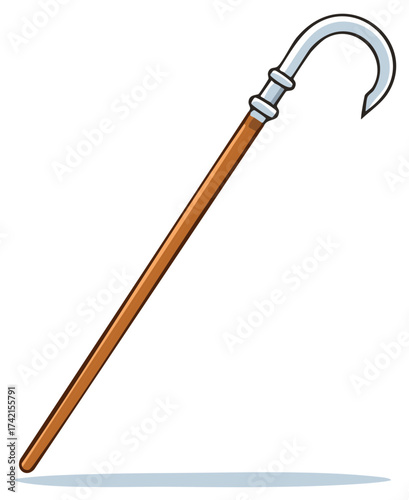 Cartoon illustration of a walking stick with a hook, brown wooden shaft and silver metal accents