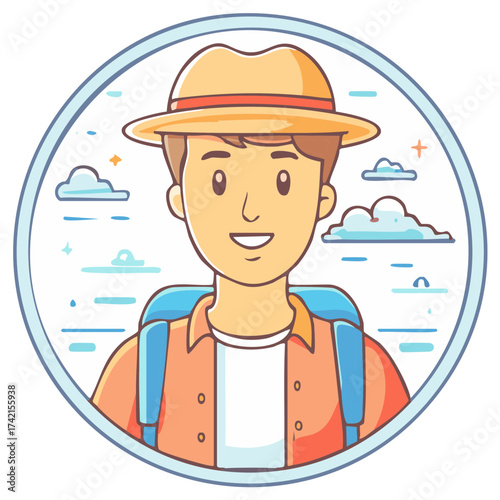 Smiling cartoon traveler in a hat with a backpack vector icon